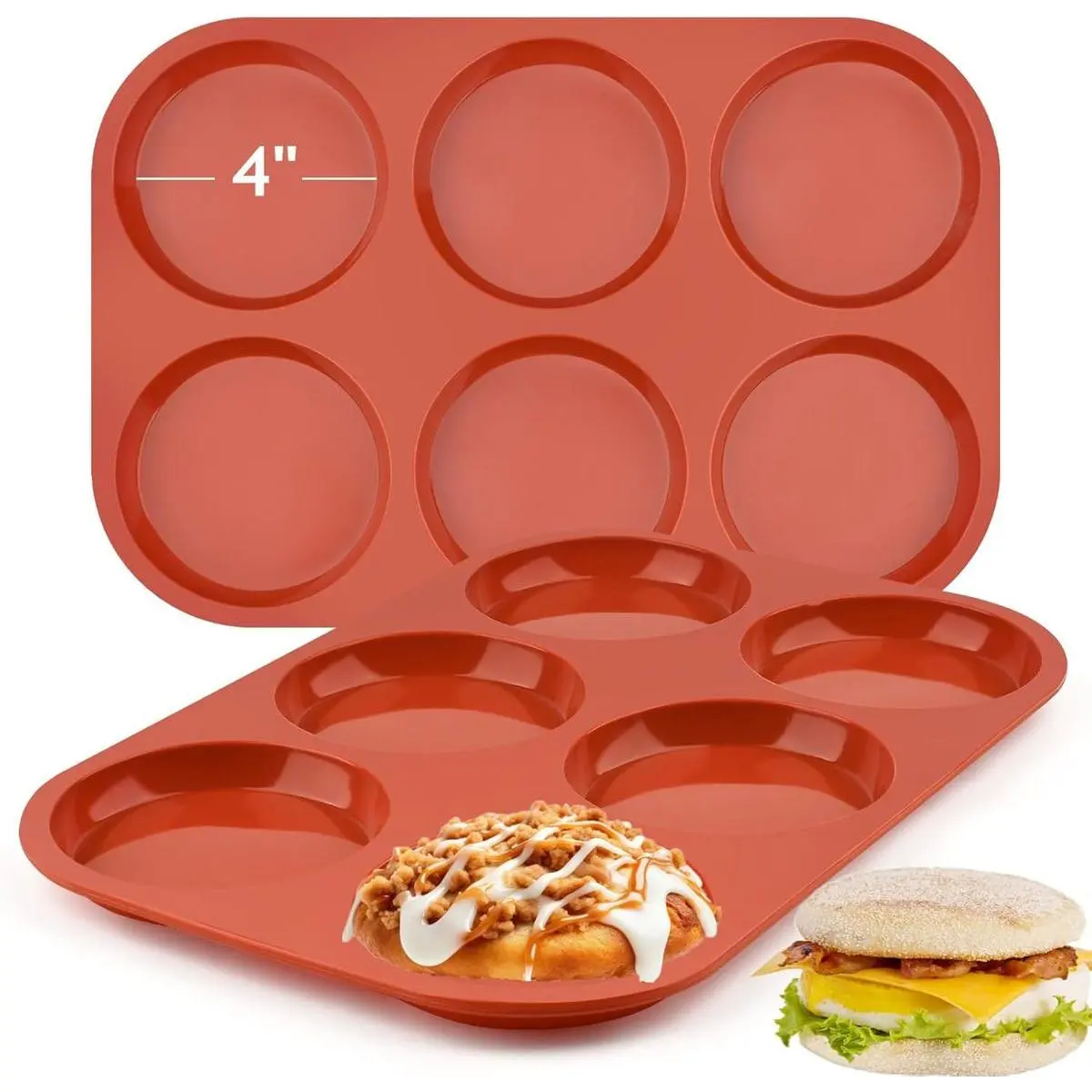 2-Pcs Jumbo Silicone Baking Molds - Sturdy, Non-Stick, Flexible, Food Grade, Heat Resistant, 4x0.5in Large Cavity Round Pans, Quick Release for Egg Sandwiches, Hamburger Buns (6 Cups Total)