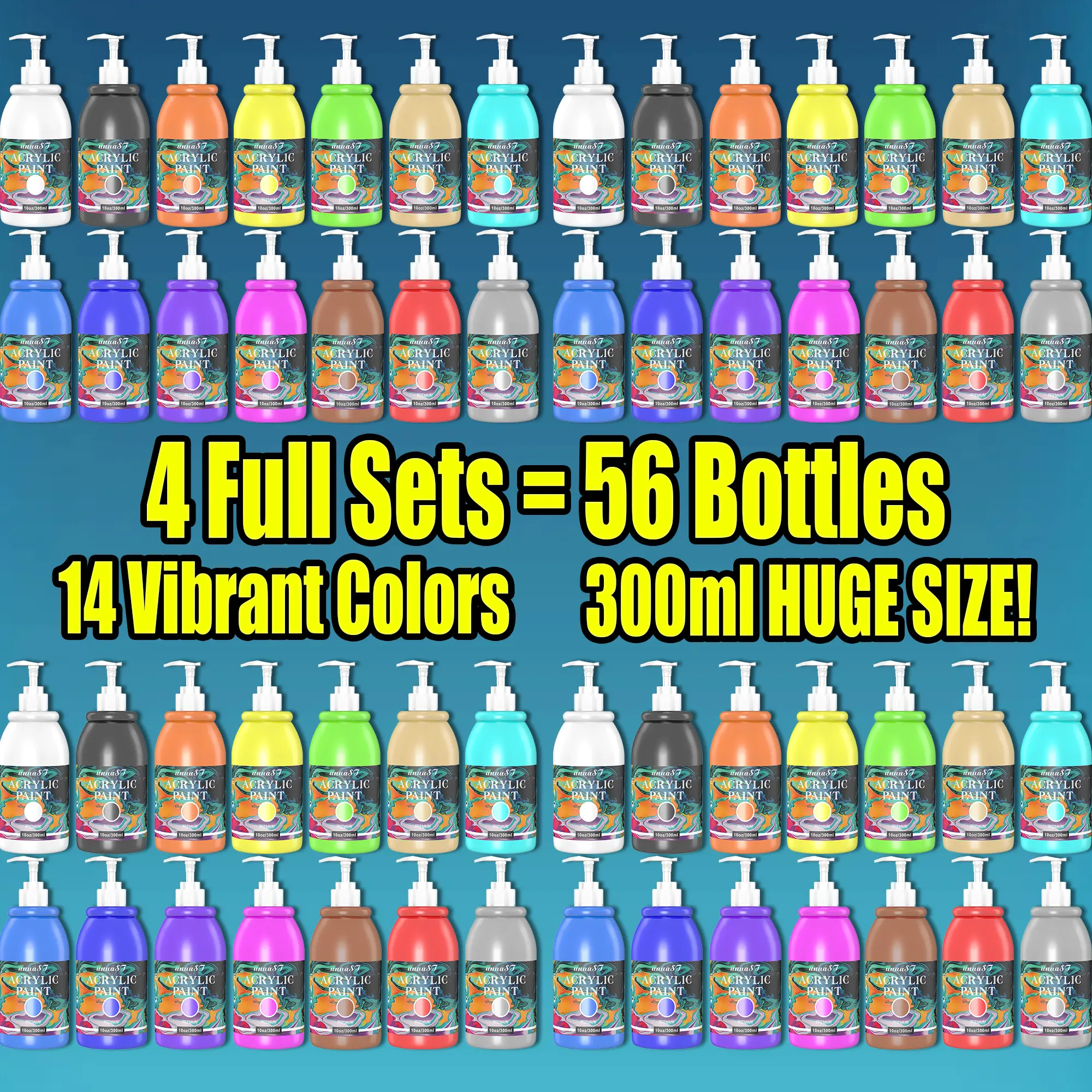 MEGA VALUE: 56 HUGE 300ml Paint Bottles (14 Vibrant Colors X 4)