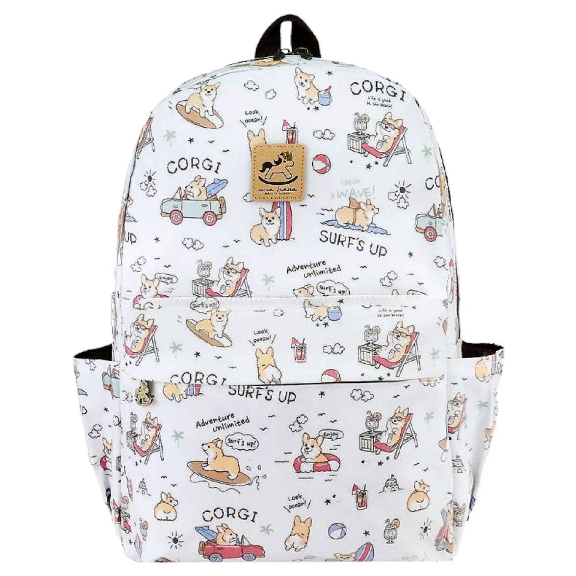 White Surfing Corgi Large Backpack
