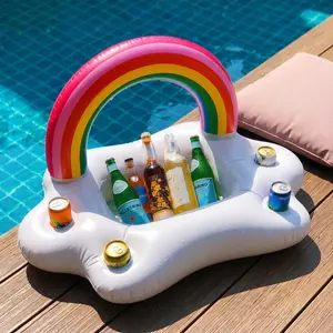Inflatable Rainbow Drink & Ice Holder - Floating Beverage Cooler for Pool, Beach & Party, Cute Cloud Drink Float with Cup Holders