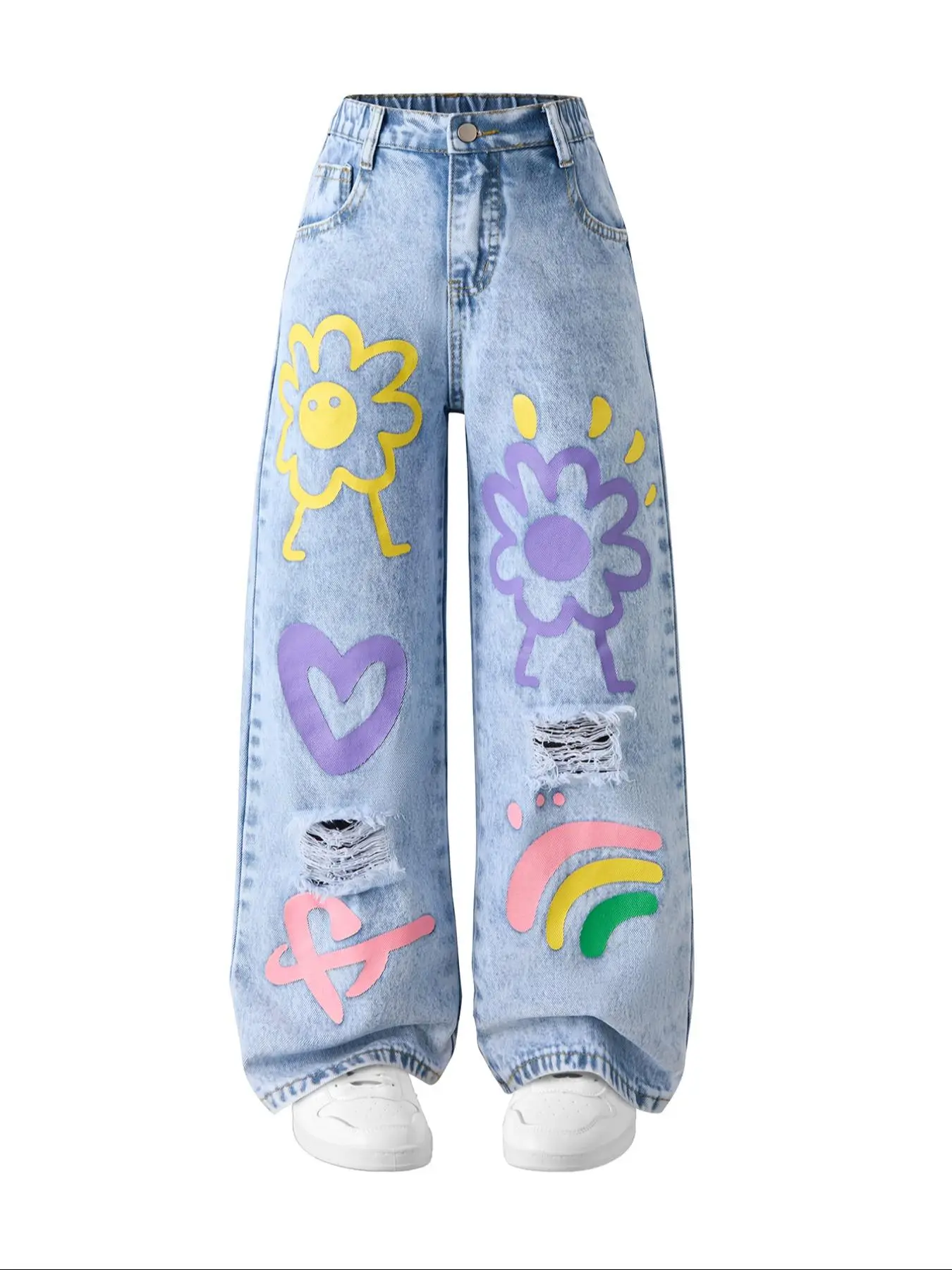 Autumn New Heart Flower Print Snowflake Wash Girls' Wide Leg Jeans, Cute Style Loose Fit Denim Jeans for All Seasons, Denim Material