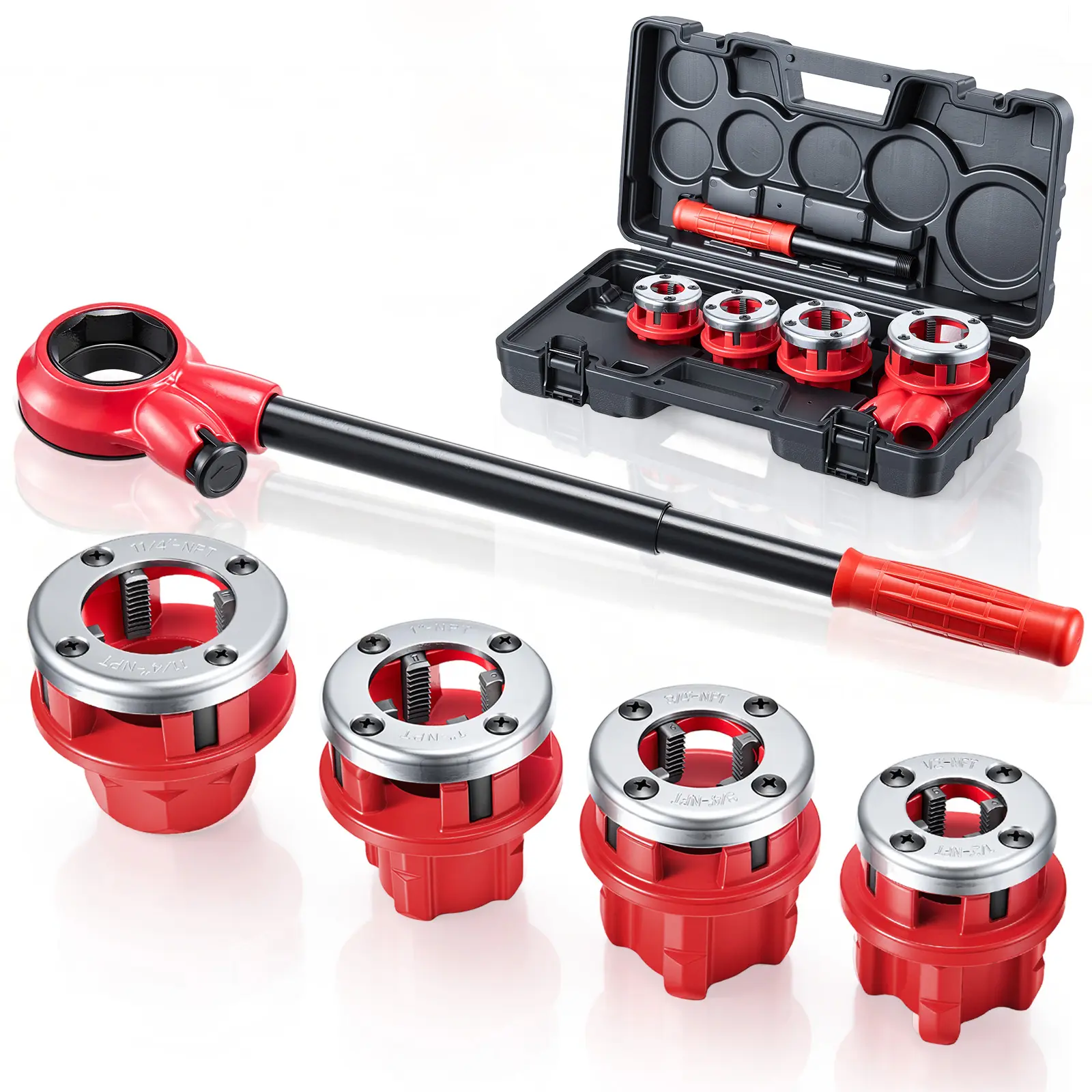 【summerfinds】VEVOR Ratchet Pipe Threader Kit with 4 Dies, 1/2" NPT, 3/4" NPT, 1" NPT, 1-1/4" NPT Manual Ratcheting Pipe Threading Tool, Portable Pipes Threader Set with Toolbox for Plumbing Installation & Repair