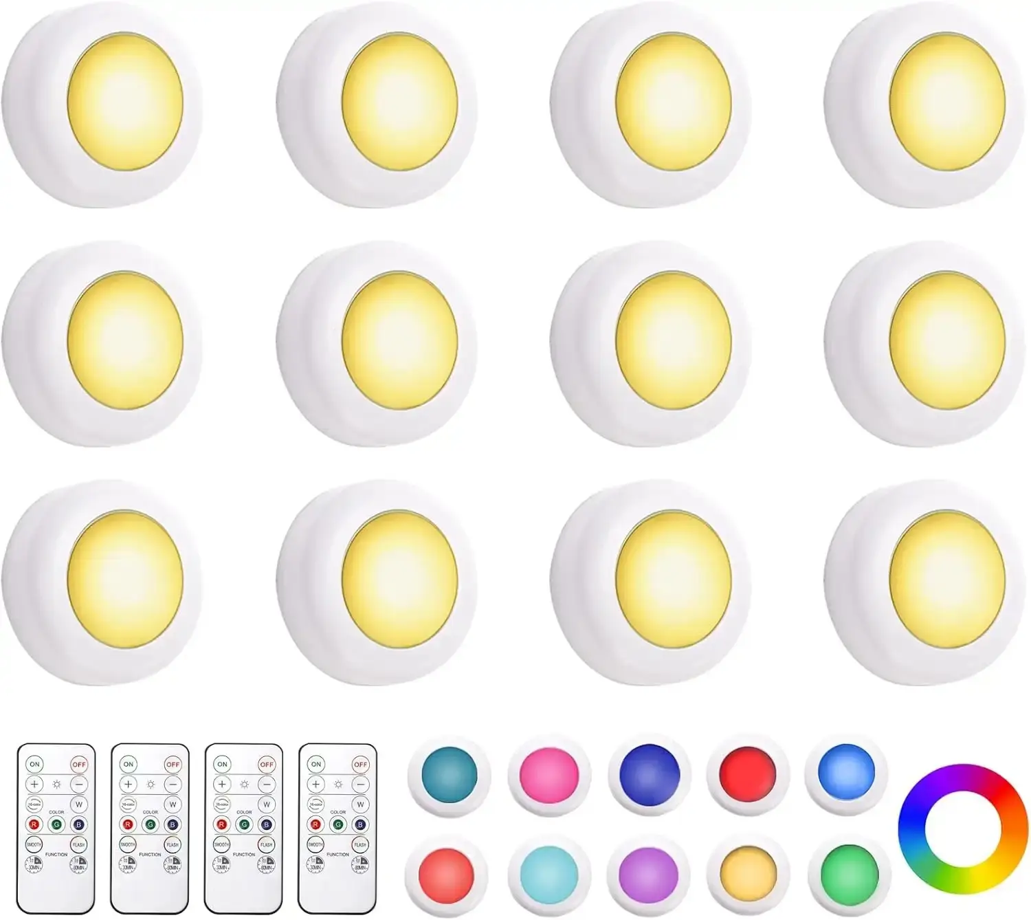 12-Pack Wireless LED Puck Lights, 16 Color-Changeable Battery-Operated Dimmable Timed Fixtures with Cabinet Mount, Indoor Use for Bedroom, Kitchen