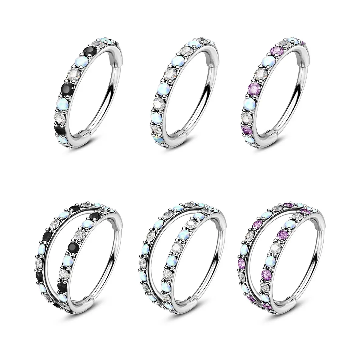 Oufer 20G Stainless Steel Alternating Opal & CZ Nose Hoop - Faceted Surfaces, Multihued Glow, Stunning Contrast, 316L Steel, 0.8mm Bar Thickness
