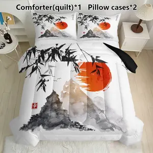 Japanese Ink Bamboo & Mountain Bedding Set, 1 Comforter + 2 Pillowcases, Asian Zen Decor, Synthetic Fiber, No Ca Prop 65 Re