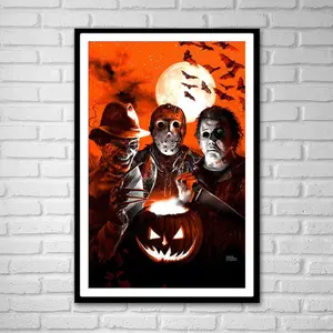 Halloween Scream Team art print poster by Scott Jackson Jason Voorhees Freddy Krueger Michael Myers Horror slasher canvas metallic