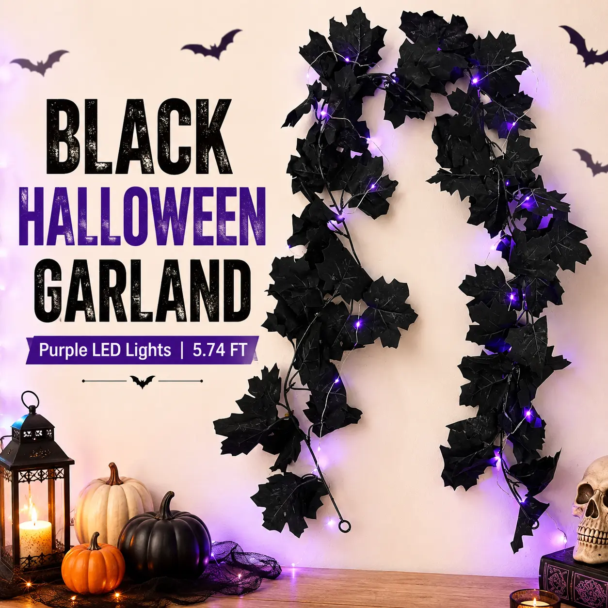 5.7FT Black Halloween Garland with Purple LED Lights – Battery Operated Artificial Leaf Hanging Decor with Hooks for Mantel, Table, Wall & Party
