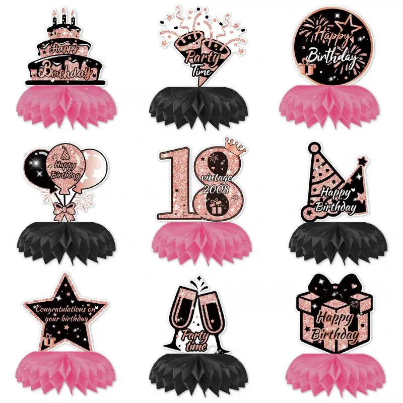 Black and Pink Birthday Decorations,Honeycomb Table Centerpieces for Women or Girls, Elegant Pink Black Party Table Toppers for Birthday Celebration