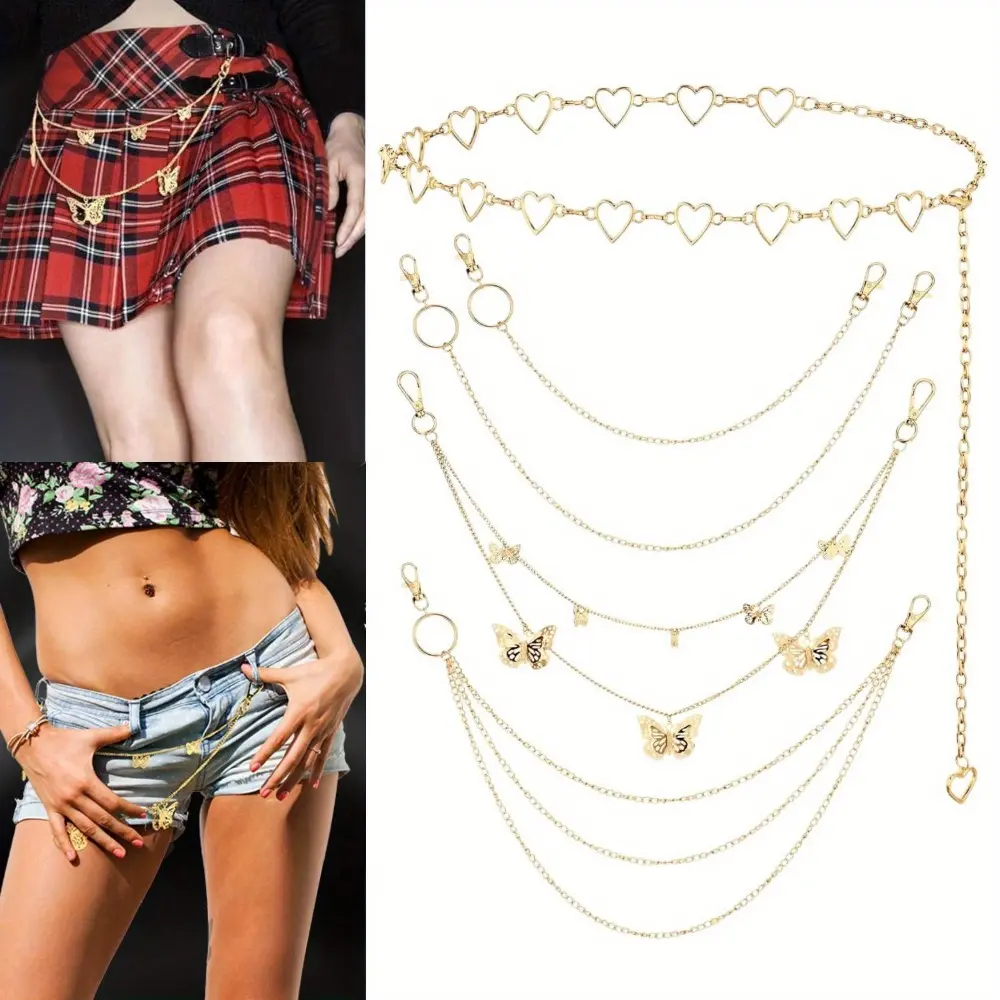 5 Pieces Chain Belt Jeans Pants Pocket Waist Multi-Layer Hip Hop Metal Wallet Chain for Men Women