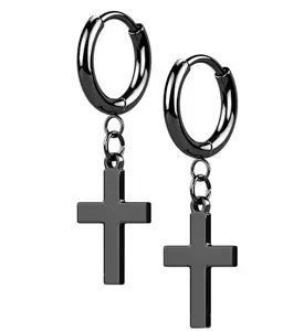 Black PVD Cross Stainless Steel Hinged Earrings