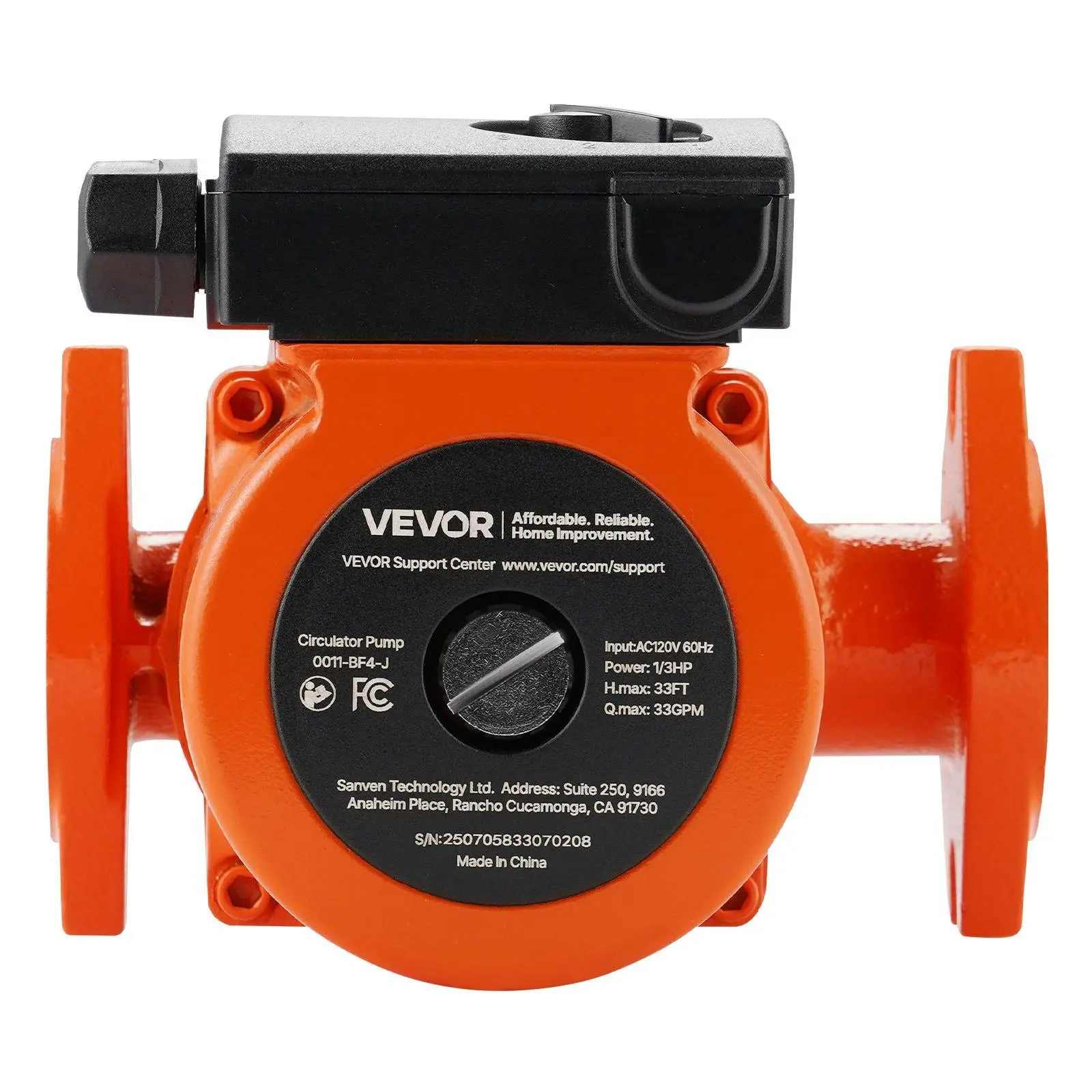 VEVOR 0011-BF4-J Cast Iron Circulator Pump, 33 GPM, 120V AC, 33 ft Head, 1-1/4 in Flange, 3-Speed, Quiet, 1/3 HP, 248.57w±15%, 6.46x6.54x5.63 in, for Home Heating Systems & Boilers