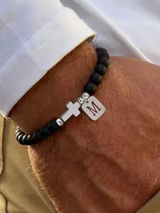 Men's Silver Color Rectangular Initial Cross Pendant Bracelet, Classic Stone Beaded Chain, Casual Style, All Seasons Jewelry