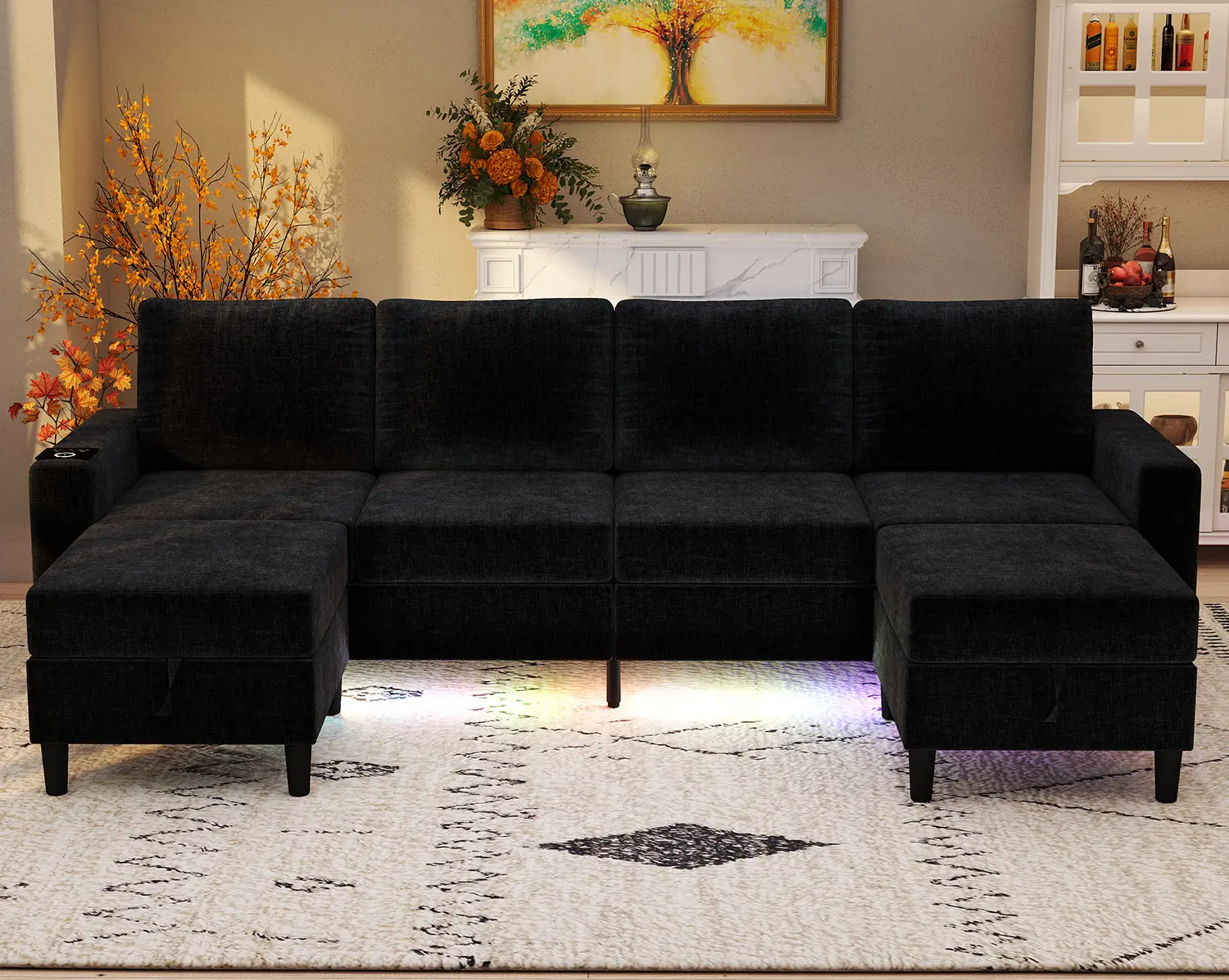 6-Seat Modern Chenille U-Shaped Modular Sectional Couch - Comfy Boneless Cloud lazy Sofa with LED Lighting for Living Room, Budget-Friendly Indoor Furniture