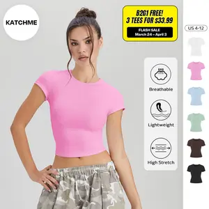 KATCH ME Women's Athleisure Solid Color Round Neck Short Sleeve Yoga Top, Spring & Summer Stretchy Brushed Clothes, Lightweight Quick Drying Gym Outfit