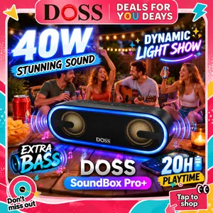 DOSS SoundBox Pro+ P300 Portable Wireless Bluetooth Stereo Speaker - 40W Dual Audio Bass Speakers, IPX6 Waterproof, TWS Pairing, Dynamic Colorful Lights, Button Control, USB Charging, Battery-Powered, Smartphone Compatible, for Outdoor Party, Black