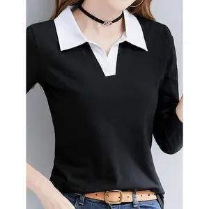[Lapel Collar Polyester Knit Tee] Women's Casual Long Sleeve T-Shirt with Lapel Collar, Solid Color Polyester Knit Fabric, Regular Fit for Spring/Fall - 95% Polyester, 5% Elastane