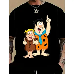Men's Large Size 100% Cotton 180g Casual Short Sleeve T-Shirt with Cartoon Graphic Print, Round Neck Summer Tee for Daily & Work Wear, Machine Washable, Ideal Gift1