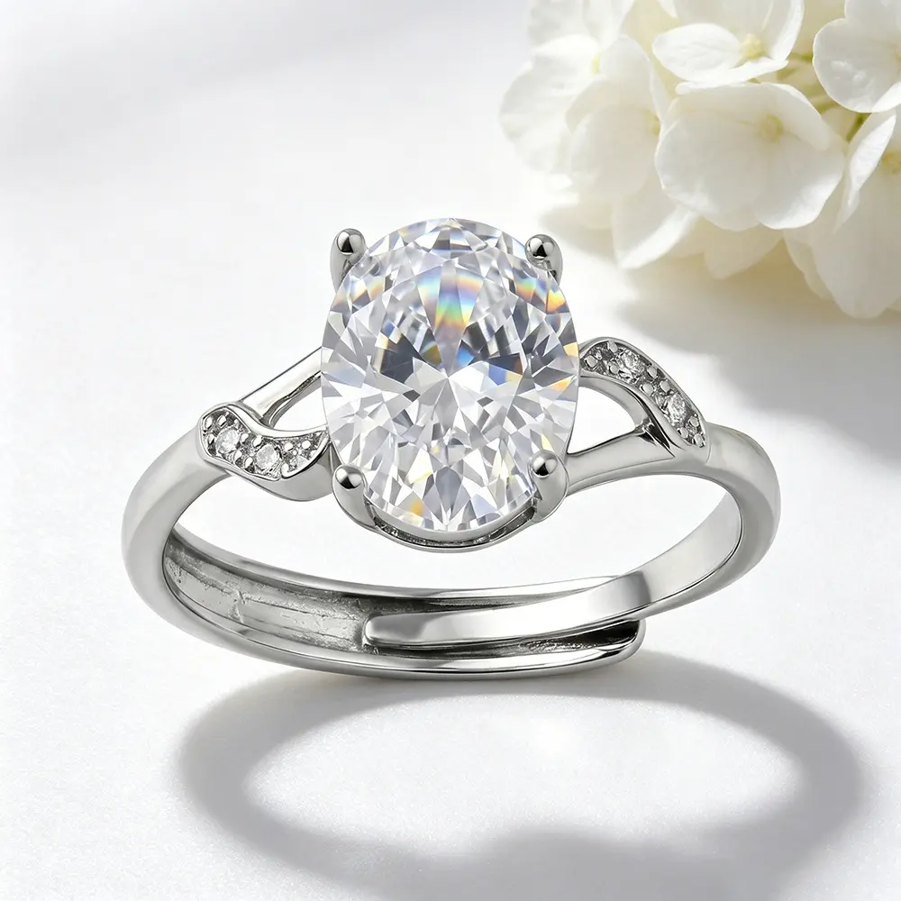 Oval Moissanite Engagement Ring S925 Silver Split Shank Adjustable Promise Ring For Women