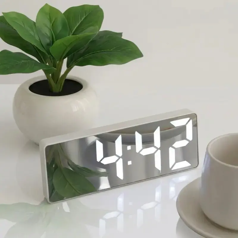 LED Mirror Alarm Clock with Digital Display, USB Powered, Delay Function, Modern Rectangular Design, Plastic Frame, Bedroom or Office Decor
