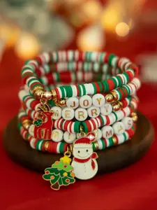 Christmas Beaded Bracelets Set, Soft Clay Letter Decorations, Reindeer Snowman Tree Pendants, Stackable Elastic Friendship Jewelry Gift