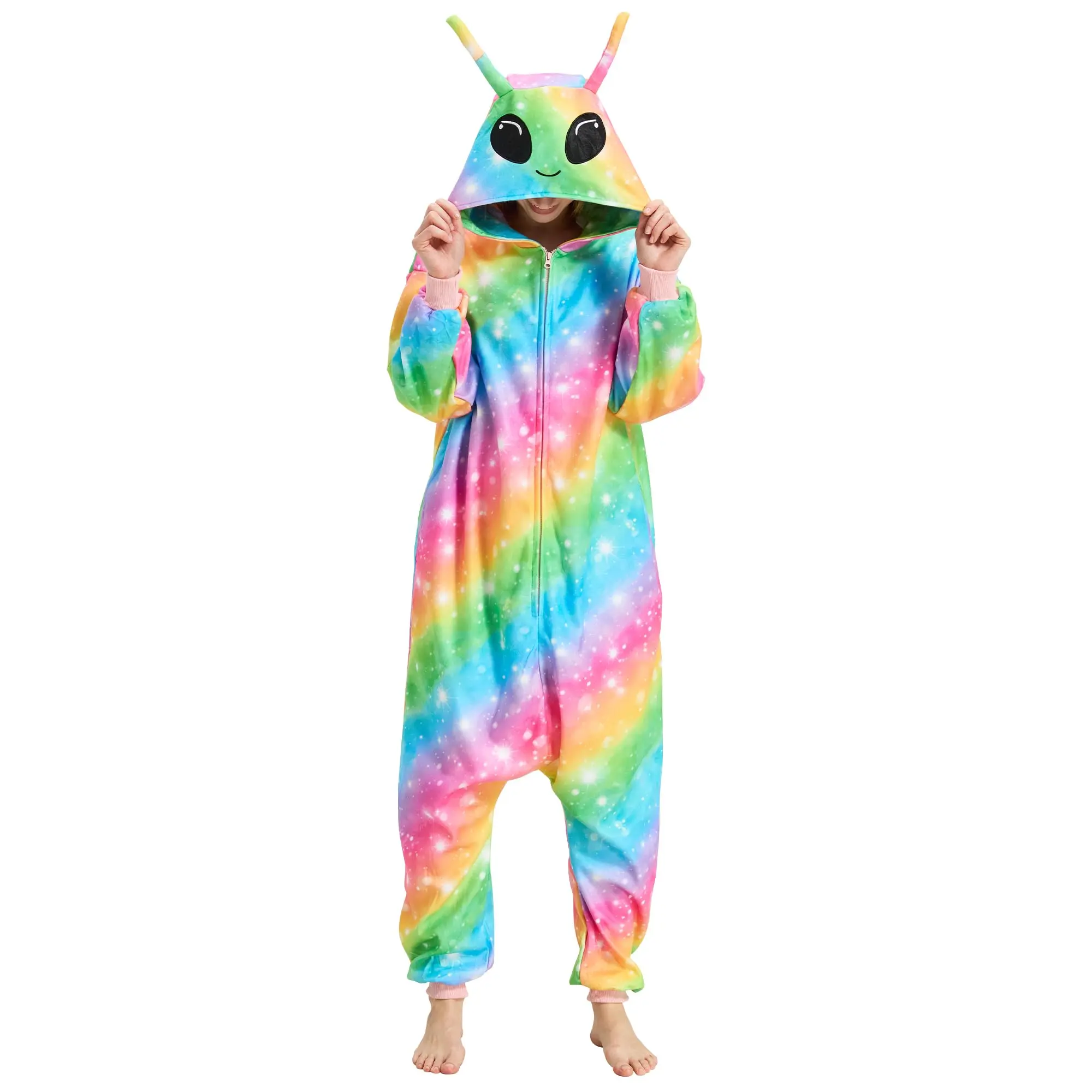 Rainbow Alien One-Piece Pajamas, Funny Space Creature Costume, Halloween Cosplay Sleepwear for Women and Men  Retro Party Costume Accessory monster onesie skull suit