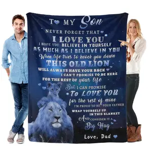To My Son Dad's Lion Love Flannel Blanket Soft Cozy Gift Throw with Heartfelt Father Son Message & Lion Illustration Perfect for Gifting to Sons Snuggling Warmly or Wrapping in Dad's Forever Support & Affection
