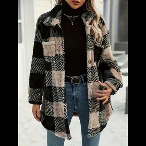 Women’s Fashion Plaid Fleece Jacket with Pockets, Full-Button Soft Warm Coat for Autumn/Winter, Classic Fit Comfortable Trendy Outerwear