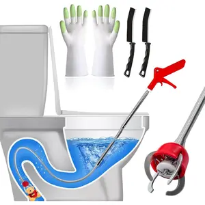 Upgraded Drain Clog Remover Tool, Flexible 4-Claw Grabber for Toilet Pipes, Heavy-Duty Toilet Auger Snake for Stubborn Blockages, Reusable Pickup Tool with Gloves Included, Easy Clog Extraction for Drains Cleaning Light installer tool set