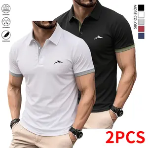 Two-piece set: men’s polo shirt suitable for everyday casual wear, outdoor golf, and more. Comfortable and breathable, featuring button details and a printed design—stylish men’s formal top for summer.