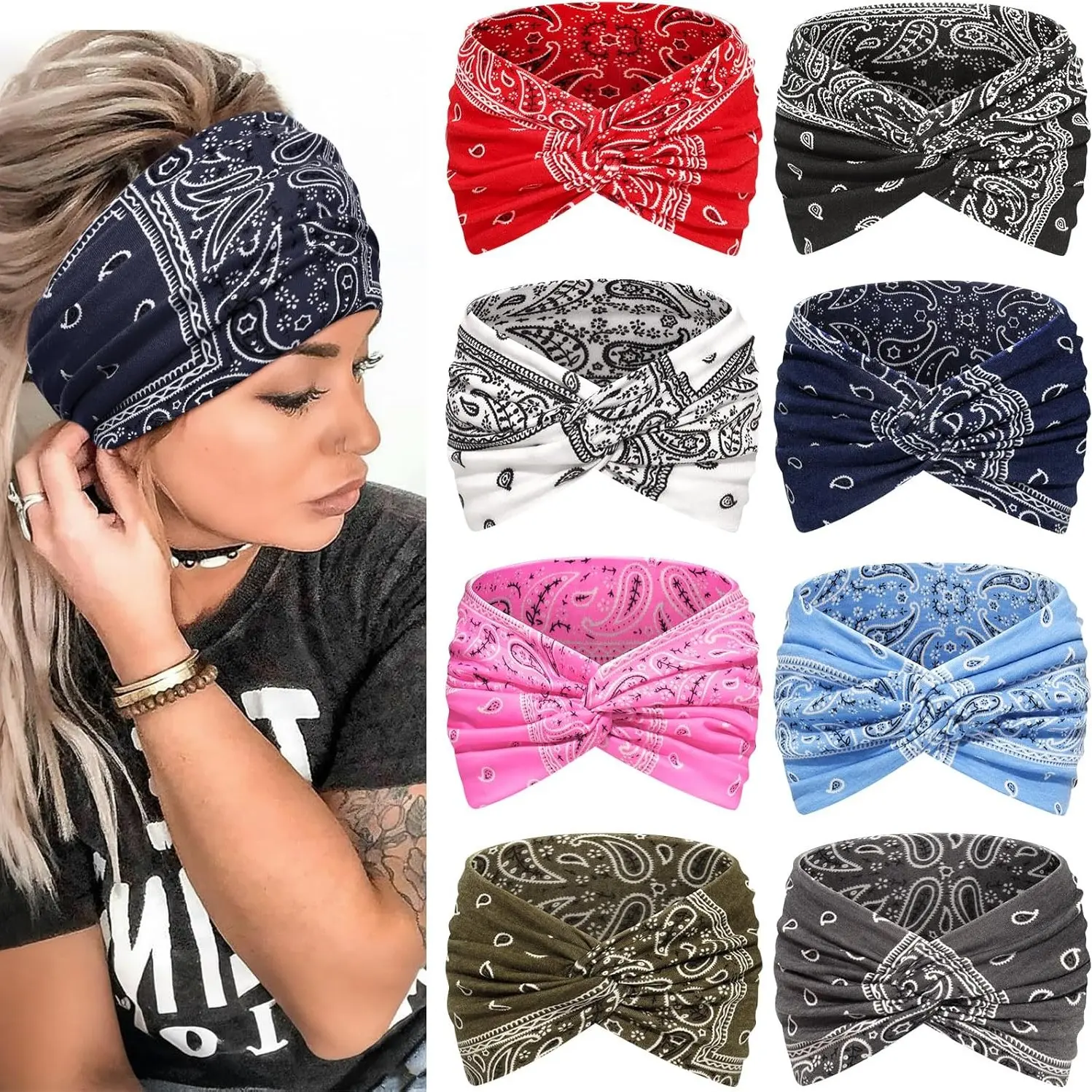 8 Pcs Women's Styling Retro Printed Headband, Multiple Colors, Yoga Running Workout Sweat Wicking Training Headband, Daily Wear Accessory, Vintage, Sports Headbands, Workout Headbands, Athletic Headbands, Sweat Bands For Head