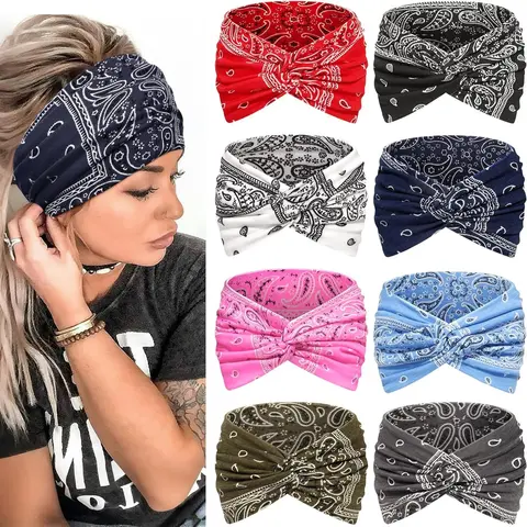 【Black Friday】8-Piece Women's Retro Ethnic Pattern Headbands, Multiple Colors Available, Sweat-Absorbing Sports Headband for Yoga, Running & Daily Wear
