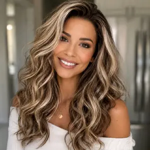 New Release Bentley in Brown Sugar Cream. K130209 20" synthetic wig.  120 density, 350⁰ heat tolerance.  13x4 lace. rich mocha brunette with cool champagne blonde money pieces and soft ash beige ribbons throughout.
