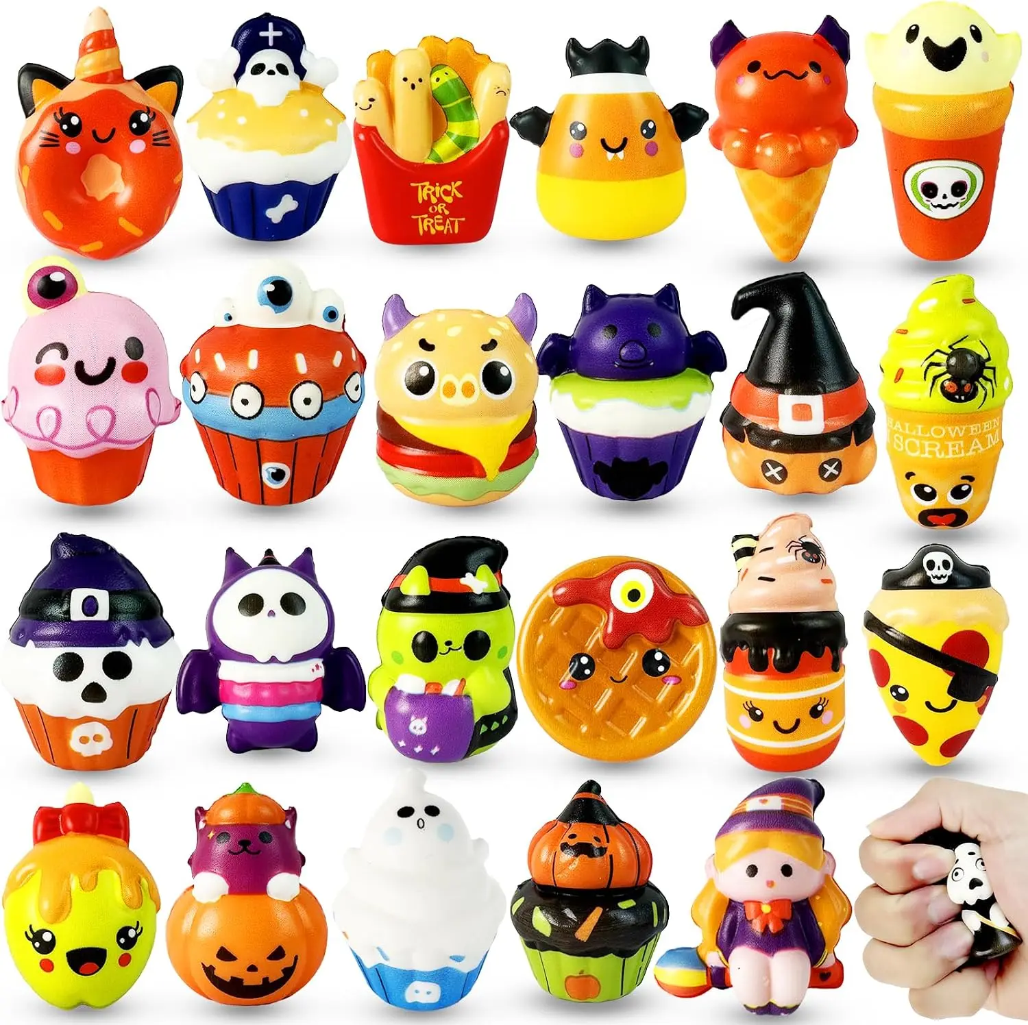 24 PCS Halloween Squishy Toys for Kids, Slow Rising Halloween Squishies, Halloween Party Favors, Non Candy Trick or Treat Toys, Halloween Goodie Bag Fillers, Mini Stress Relief Fidget Toys, Classroom Prize