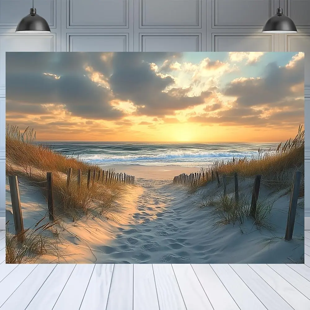 1pc Polyester Summer Beach Scene Party Backdrop Banner - Sunset Coastal View, Sandy Path, Ocean Waves, No Electricity Needed, Ideal for Home Decor, Birthday Events