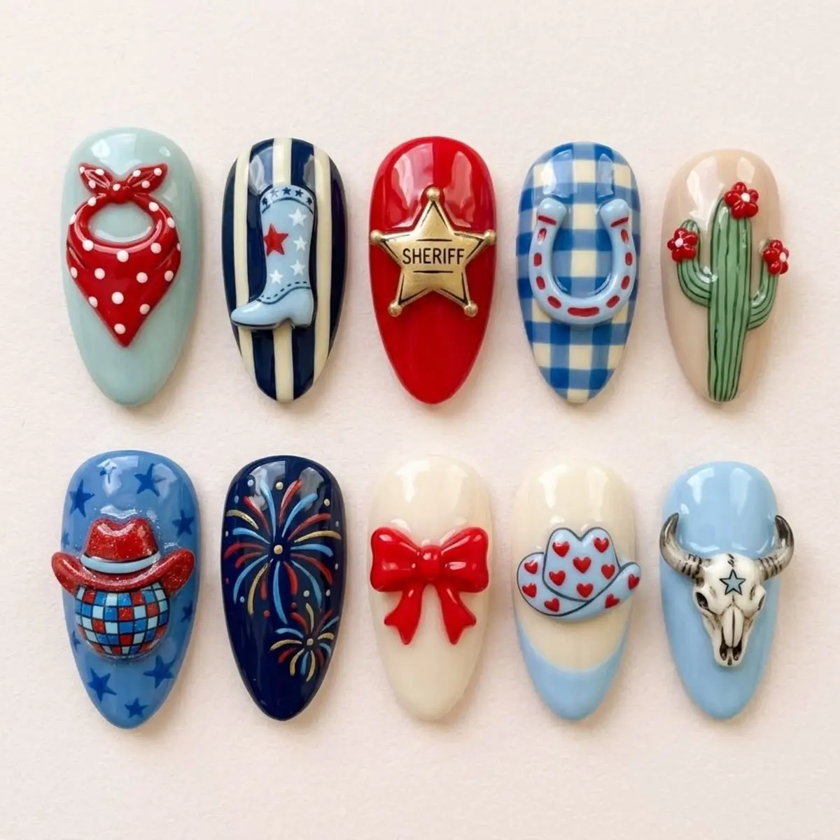 Handmade Patriotic Western Press On Nails - Cowgirl Boot, Sheriff Star, Cactus & Firework Designs - Cute USA Rodeo Set for Beauty & Nail Art Decoration