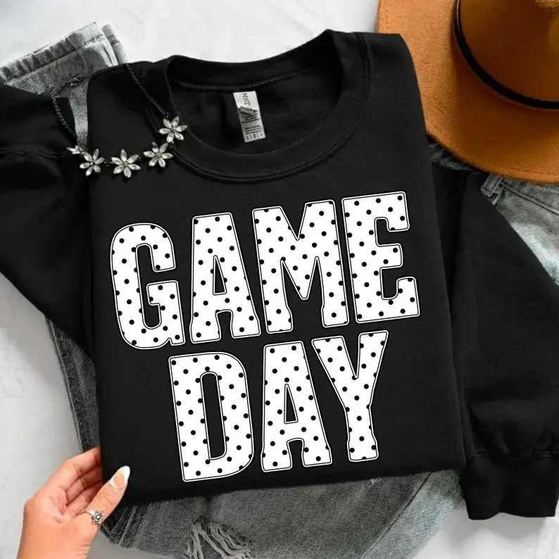 Game Day Sweatshirt, Black Polka Dot Football & Baseball Graphic Shirt, Trendy Team Spirit Crewneck, Sporty Fan Gift for Game Day, Gildan
