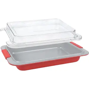 9x13 Deep Nonstick Baking Pan with Lid, Heavy Duty Warp-Resistant Cake Pan with Silicone Handles, Snap-On Cover for Meal Prep Storage Transport, for RV & Convection Oven (Coral Red)