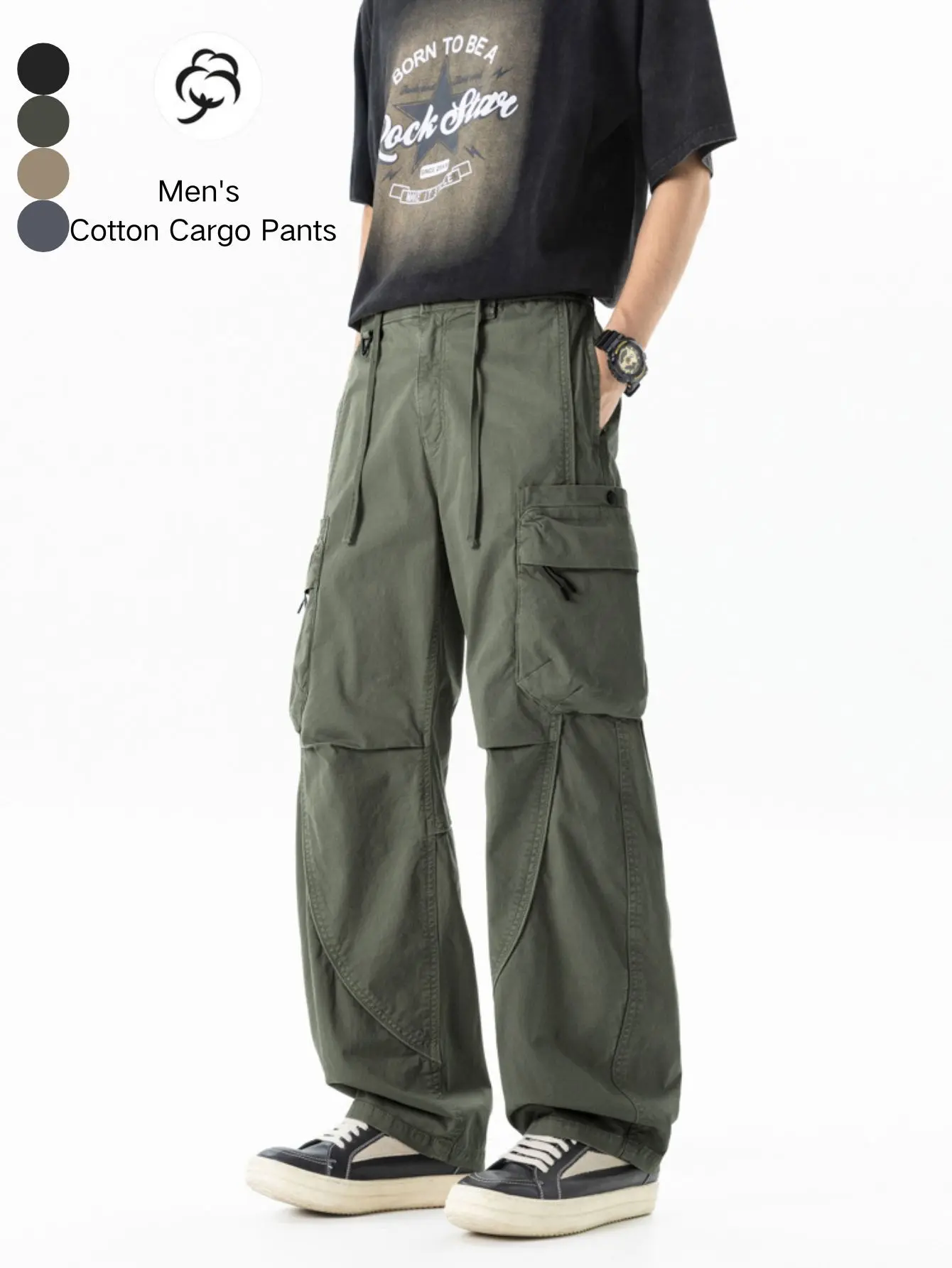 Men's 4-Color Drawstring Wide-Leg Cargo Pants - 100% Cotton, Vintage, Multi-Pocket, Loose-Fit, Floor-Length Casual Trousers