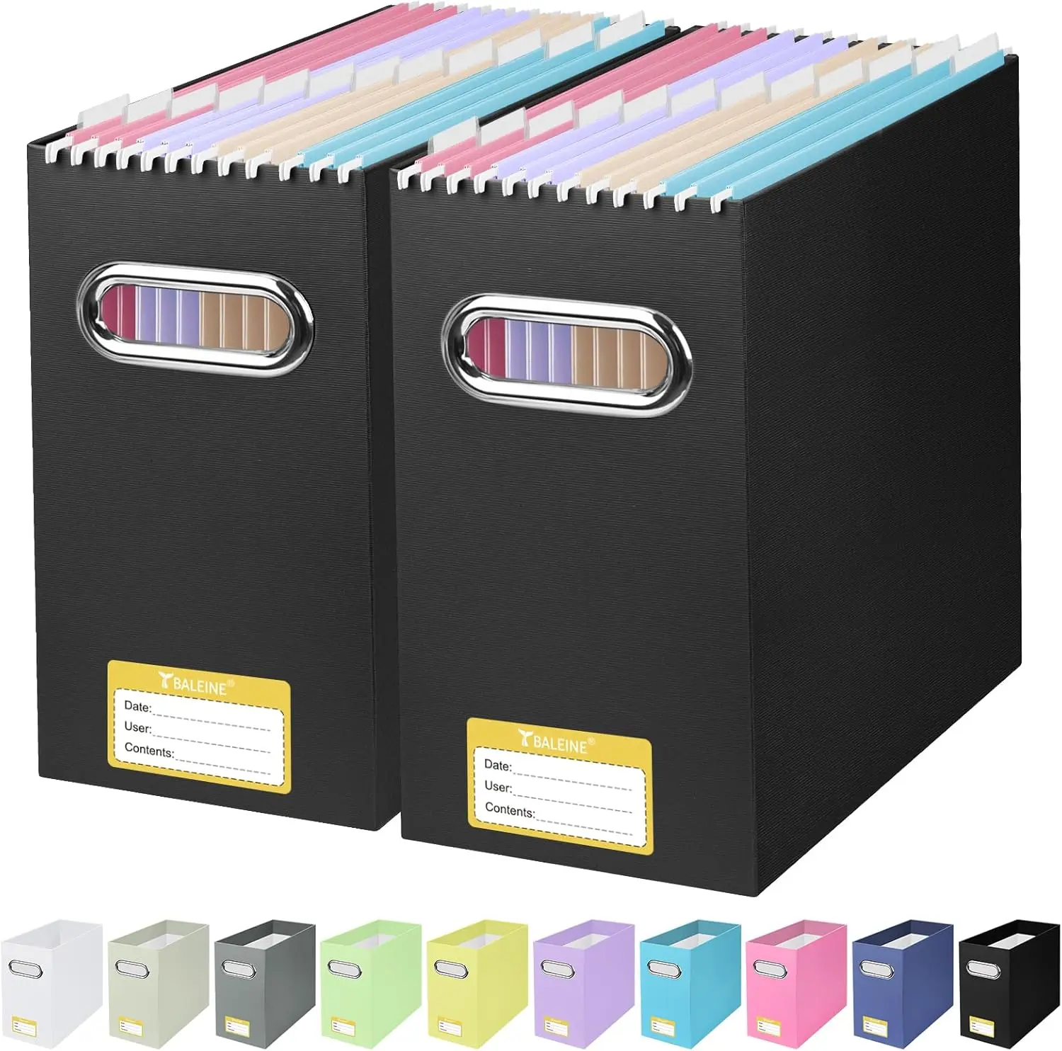 BALEINE File Organizer Boxes, 2-Pack Collapsible Letter-Size Filing Boxes with Handles, Black