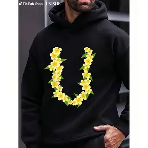 Men's All-Season Hawaiian Party Hoodie - Black Base with Bright Yellow Plumeria Flowers