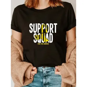 "Women's Black 180g Cotton Crewneck Short Sleeve Graphic Print T-Shirt, Support Squad Spina Bifida Awareness Casual Tee for Everyday Wear"