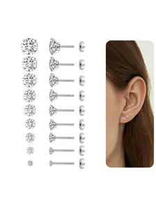 9 Pairs Threadless Flat Back Stud Earrings For Women Men Stainless Steel Stud Earrings 20G Cubic Zirconia Push in Barbell Cartilage Earrings Set 2-10MM Silver Plated