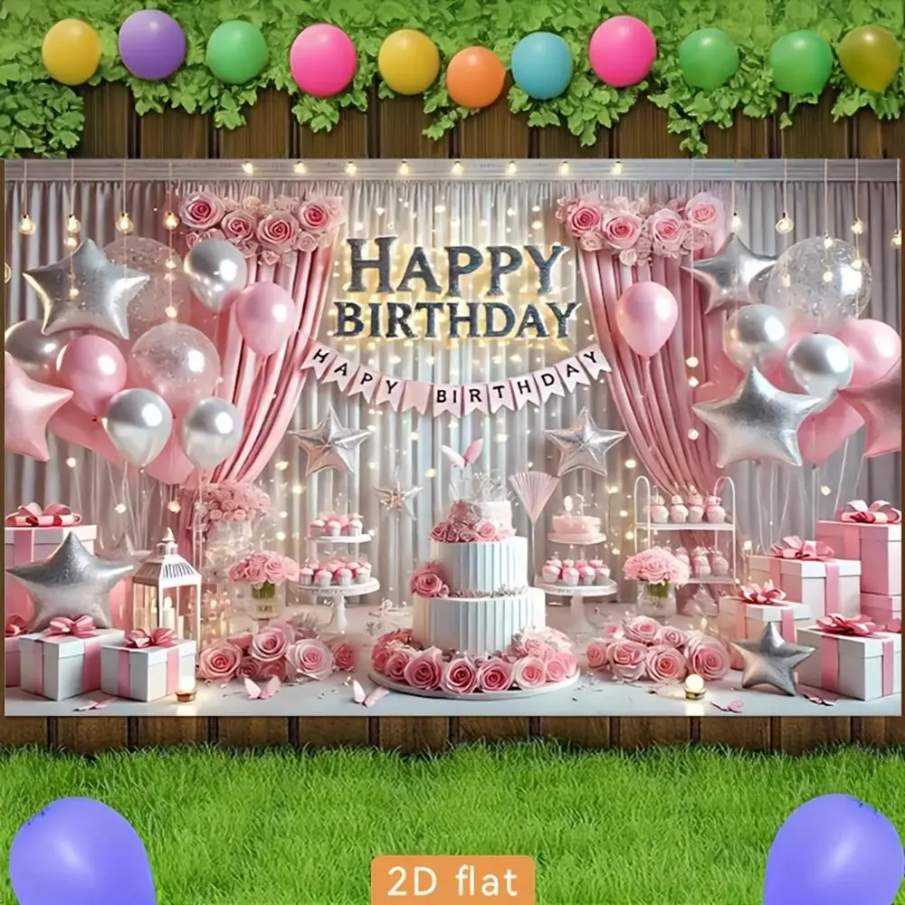 1PC,2D Flat Backdrop Pink - themed Birthday Party Decorative Backdrop, Romantic And Warm Balloon Cake Gift Scene - setting Backdrop, Suitable For Birthday - themed Party Photography And Decoration