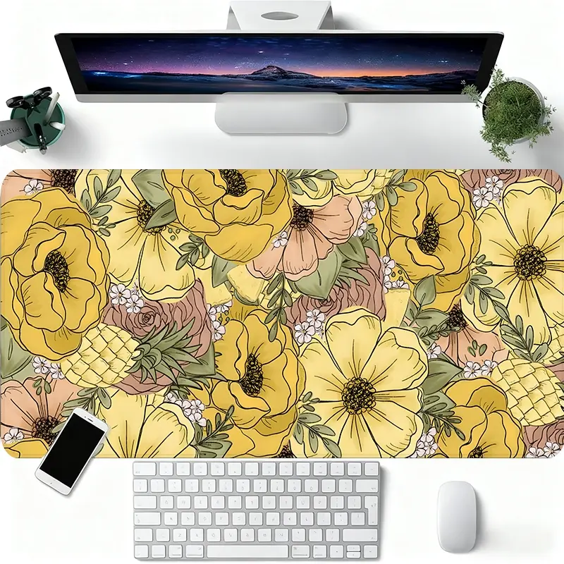 Sunny Yellow Floral Gaming Mouse Pad Tropical Fruit Theme XXL Extended Mouse Pad 35x16Inch Non-Slip Rubber Base Stitched Edge Office and Home Perfect Gift for Women, Aesthetic Computer Desk Accessories