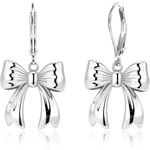 Silver Bow Dangle Earrings Hypoallergenic Leverback 14K Gold Plated Bow Dangle Earrings for Women, ALEXCRAFT Silver Earring Drop Dangling Dangly Earings