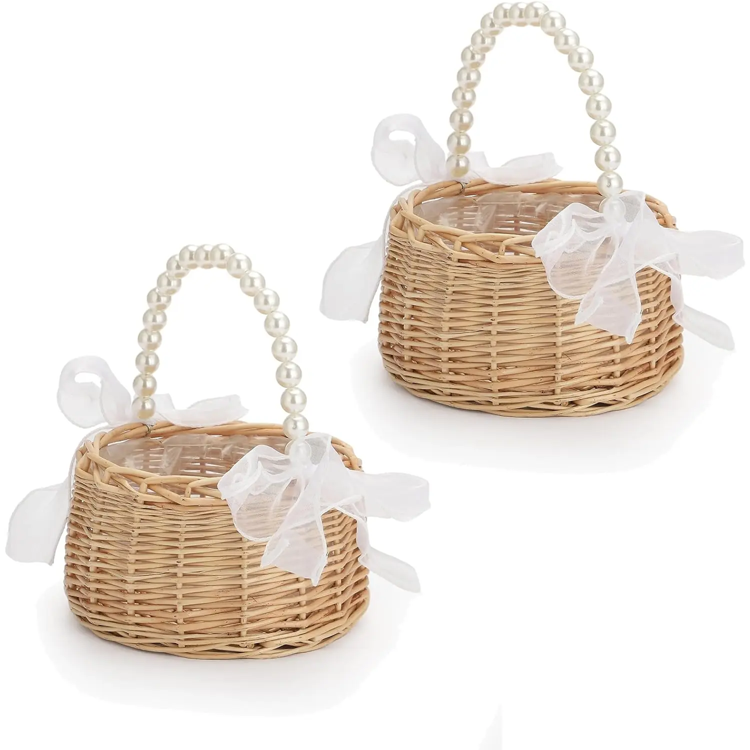 2 PCS Wicker Rattan Flower Girl Basket Wedding Flower Girl Basket with Pearl Handle and Bow Fairy Flower Basket Handwoven Easter Basket Wicker Basket for Wedding Flower Girl(Brown) Fofetbfo