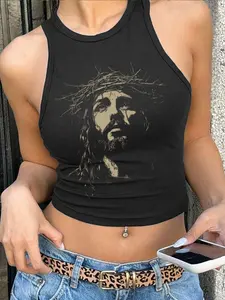 Seasonless Fashion Women's Sleeveless Vest Top, Slim-Fitting Sexy Ladies' Print Tank Shirt, Plain Short Style, Versatile Clothing, Womenswear