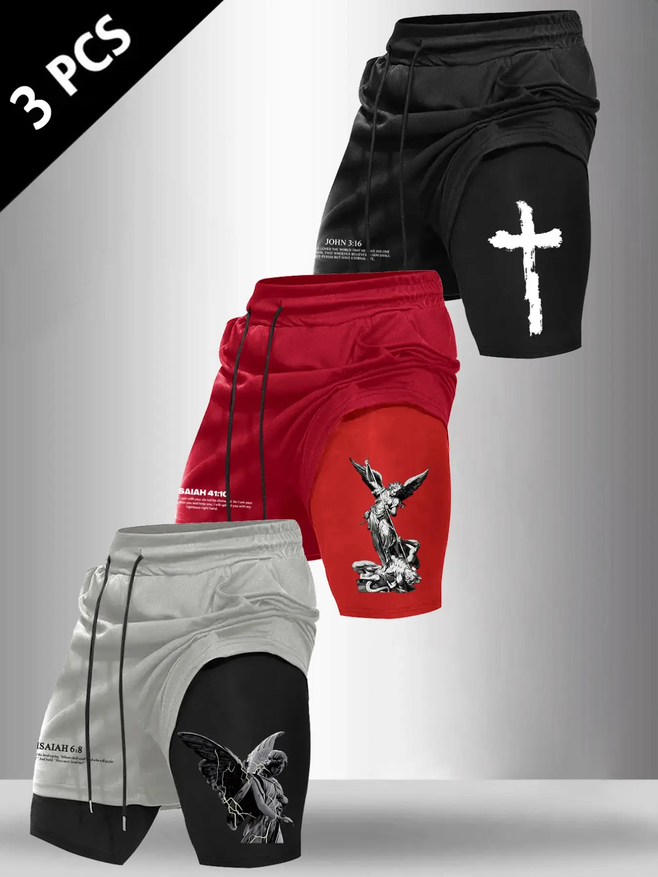Men's Christian Print 2-in-1 Fake Two-Piece Shorts, 3-Pack Compression Lined Gym Shorts, Activewear Shorts, Streetwear Athletic Shorts Casual, Graphic Fitness Shorts