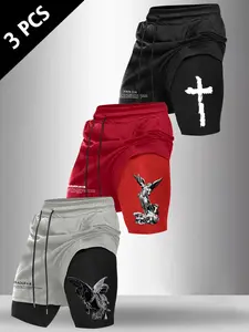 Men's Christian Print 2-in-1 Fake Two-Piece Shorts, 3-Pack Compression Lined Gym Shorts, Streetwear Athletic Shorts #FakeTwoPieceShorts #ChristianGymShorts #2in1WorkoutShorts #FaithBasedStreetwear #TikTokMadeMeBuyIt