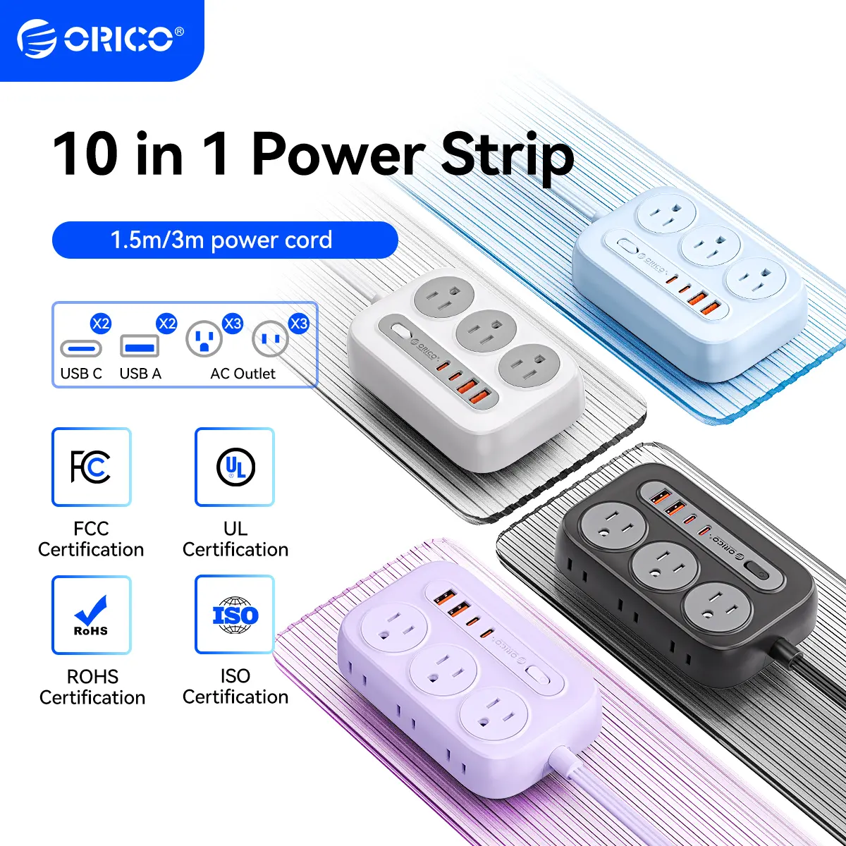ORICO OG Series Multifunctional Power Strip, 10-in-1 Power Outlet Panel, 6 AC Outlets, 2 USB-A & 2 USB-C Ports, Compact Surge Protector, 1.5m/3m Plug Splitter with International Warranty for Home Office, Travel